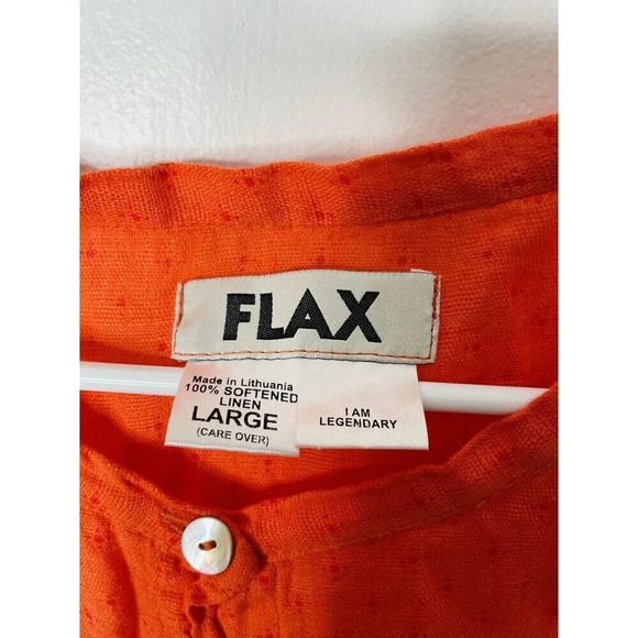 Flax Softened Linen Blouse L Lagenlook Boho Orange Woven Roll Tab Sleeve Buttons - Picture 3 of 7